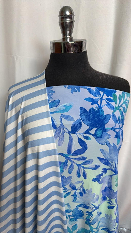 BABY BLUE STRIPE/FLORAL BUNDLE : 1YD Baby Blue Stripe N/S Swim & 1YD Blue Floral N/S Swim : A29956