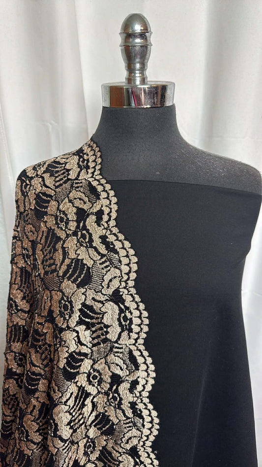 BLACK PEACHED/BORDER LACE BUNDLE : 2YD Solid Black Peached PF & 3YD Double-Border Stretch Lace : A29518
