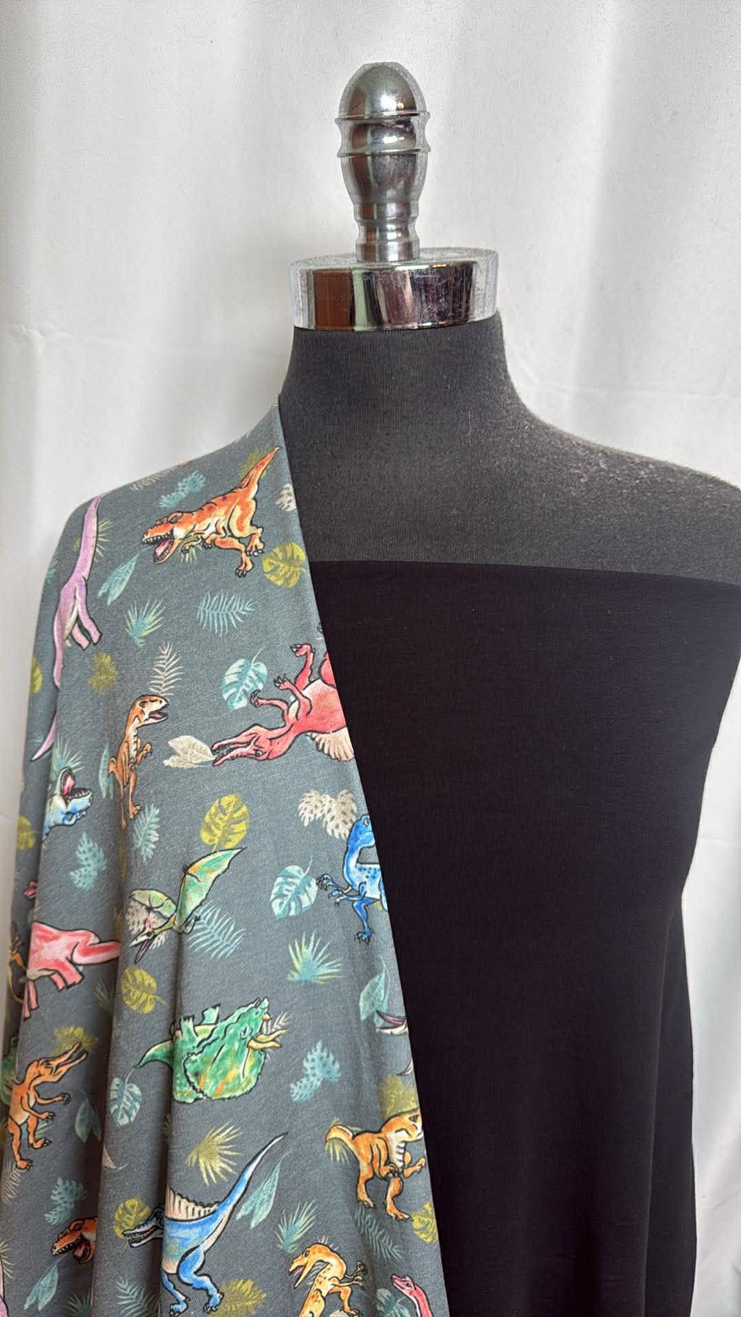 BLACK/GREY DINOS BUNDLE : 2YD Black Cotton/Modal/Spandex & 2YD Grey Dino PRS FT : A30010
