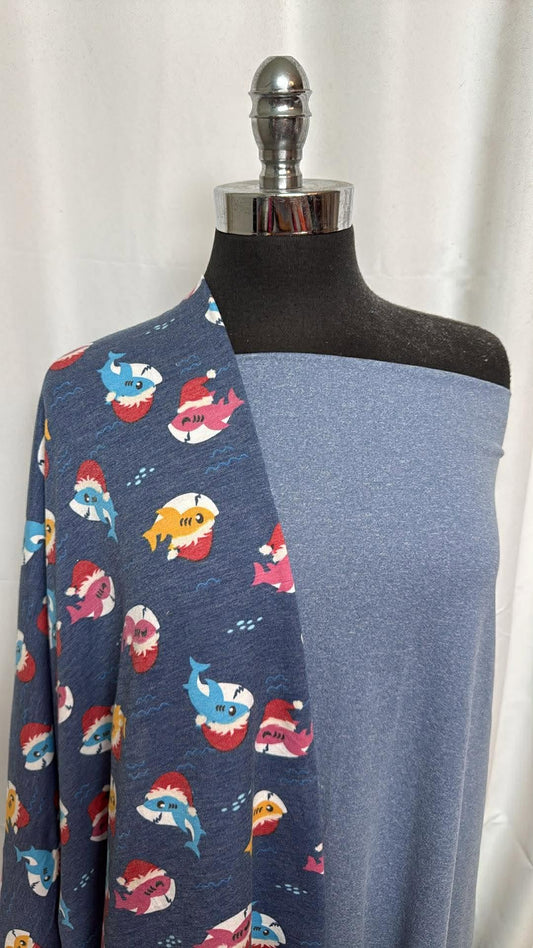 BLUE SANTA SHARK BUNDLE : 2YD Heathered Blue DBP & 1YD Santa Shark PRS FT : A30473