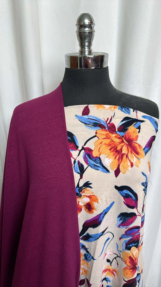 PLUM/FLORAL BUNDLE : 35" Cut of Floral DBP & 2YD Plum C/S Slub Rib : A29451