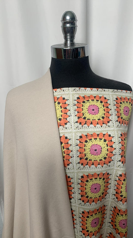 GRANNY SQUARES/BONE BUNDLE : 2YD Granny Square Print FT & 1.5YD Bone Sweatshirt Fleece : A2128