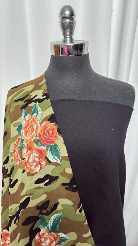BLACK/CAMO FLORAL BUNDLE : 2YD Black Stretch Twill & 2YD Camo/Floral Chiffon : A27106