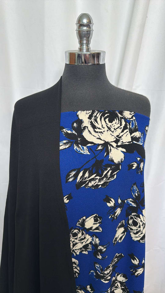 BLACK/ROYAL FLORAL BUNDLE : 3YD Royal Floral Liverpool & 2YD Black C/S Rib : A26105