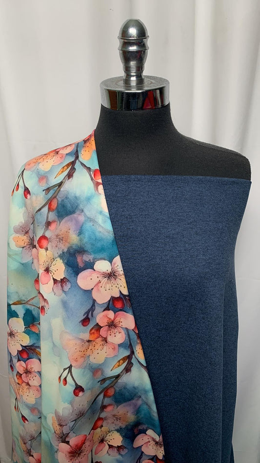 NAVY/CHERRY BLOSSOM BUNDLE : 1YD Navy/Black Peached PF & 2YD Cherry Blossom Poly Fleece : A25405