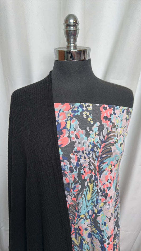 BLACK/GREY LEAVES BUNDLE : 1+YD Leaves on Grey PRS Jersey & 2YD Black Brushed Waffle : A26033