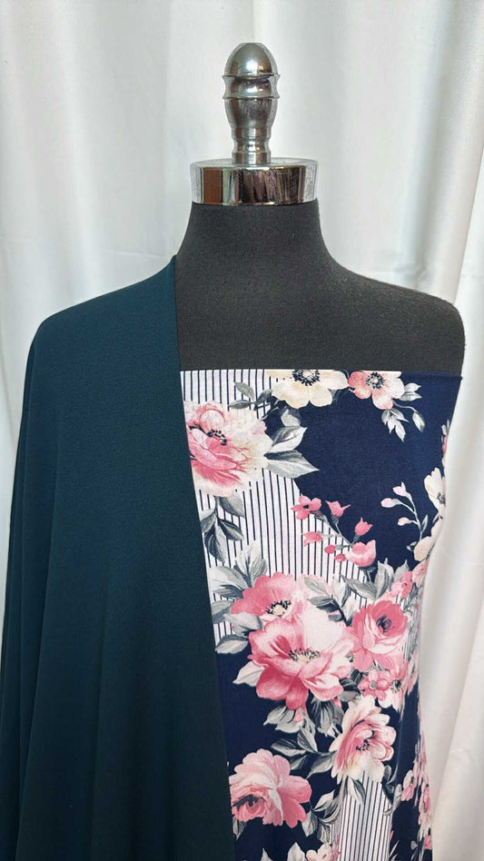 TEAL/FLORAL-STRIPE BUNDLE : 2YD Teal Crepe Scuba & 2YD Floral/Stripe Lightly-Brushed Venezia : A27576