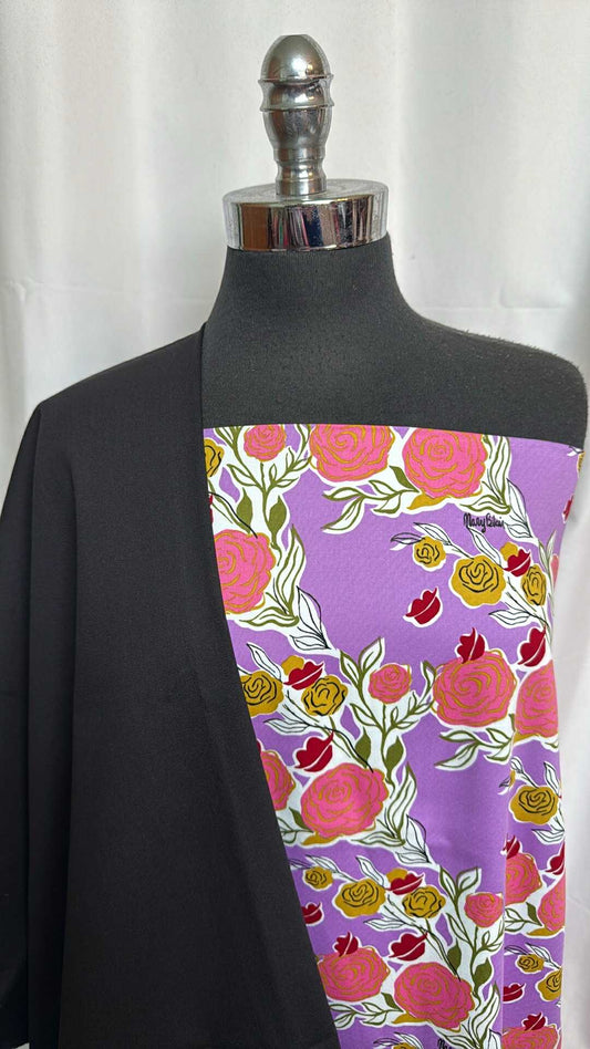 BLACK/PURPLE FLORAL BUNDLE : 1+YD Black Stretch Twill & 2YD Purple Floral Cotton Woven : A28535