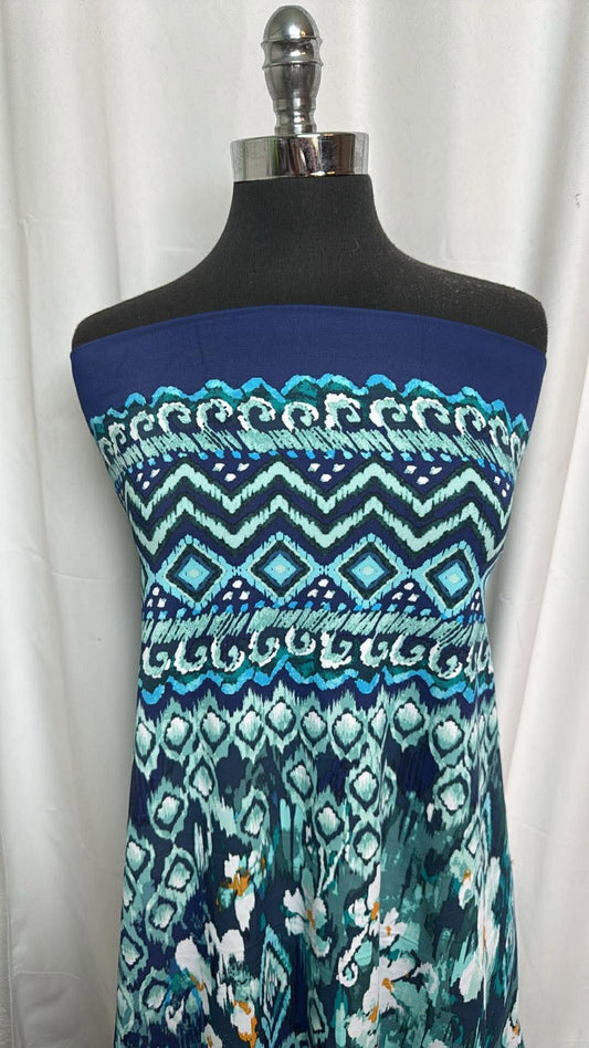 Blue/Green/Navy Geo Double-Border - Designer Nylon/Spandex Swim - 2 Yard Cut