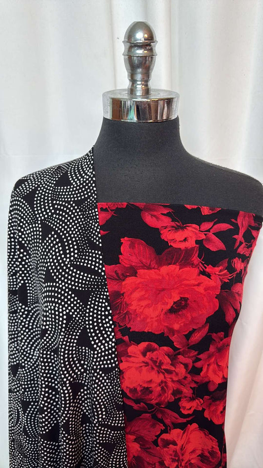 RED FLORAL/GEO DOT BUNDLE : 1YD Black/White Geo Dots ITY & 1YD Black/Red Floral ITY : A26825