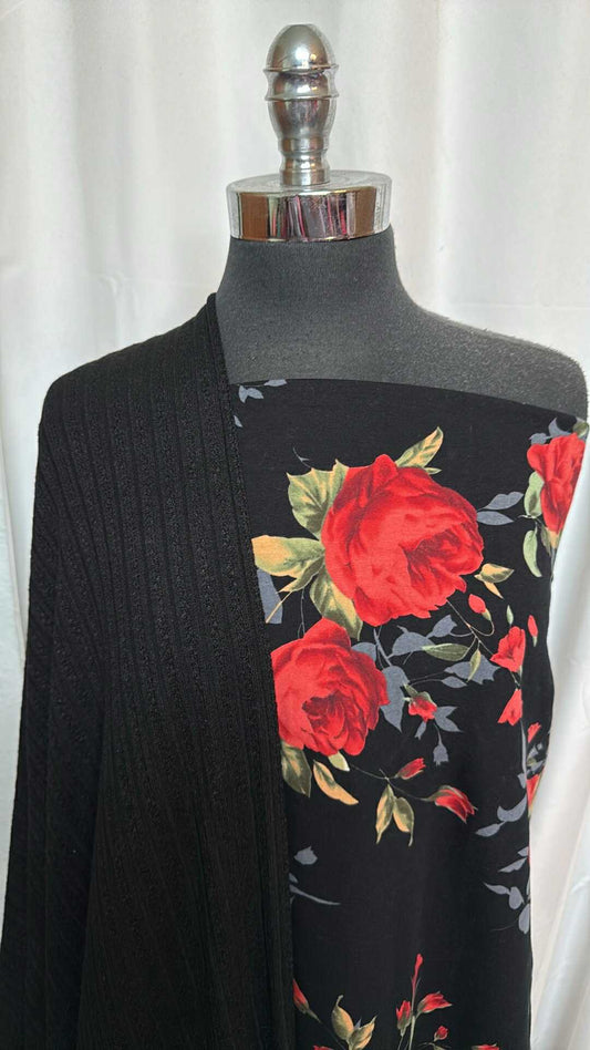 BLACK FLORAL/TEXTURED SWEATER BUNDLE : 2YD Black Floral C/S Brushed FT & 2YD Black Cotton-Blend Textured SK (70" Wide) : A28426