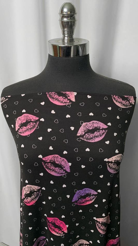 Lips/Hearts on Black - Double Brushed Poly Spandex - 4 Yard Cut