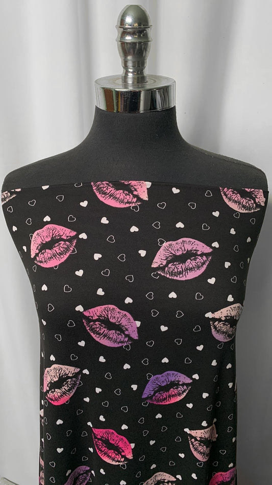 Lips/Hearts on Black - Double Brushed Poly Spandex - 2 Yard Cut
