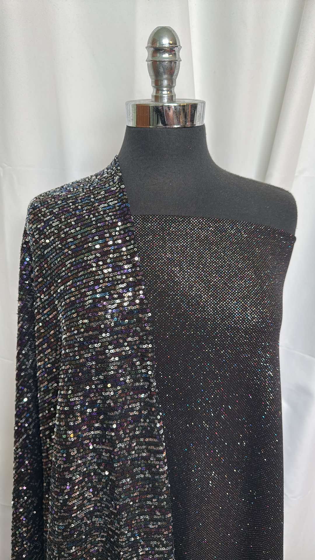 BLACK GLITTER/SEQUINS BUNDLE : 3YD Black Glitter Scuba & 1+YD Black Sequins on Mesh : A26155
