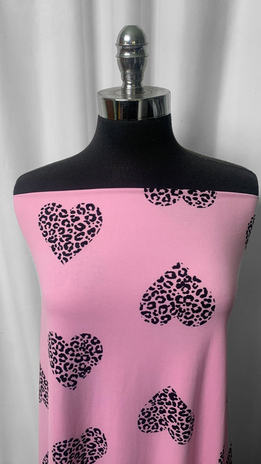 Pink/Black Leopard Hearts - Double Brushed Poly Spandex - 3 Yard Cut