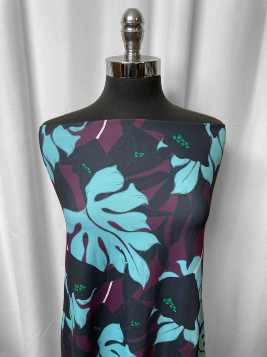 Blue/Eggplant Tropical - Nylon/Spandex - 1 Yard Cut