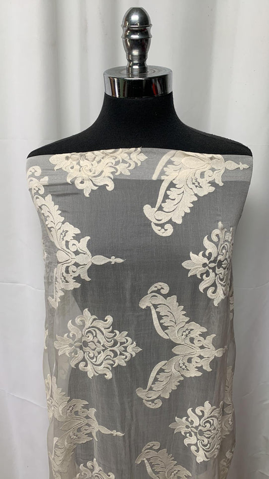 Ivory Filigree - Embroidered Silk Chiffon - 3 Yard Cut