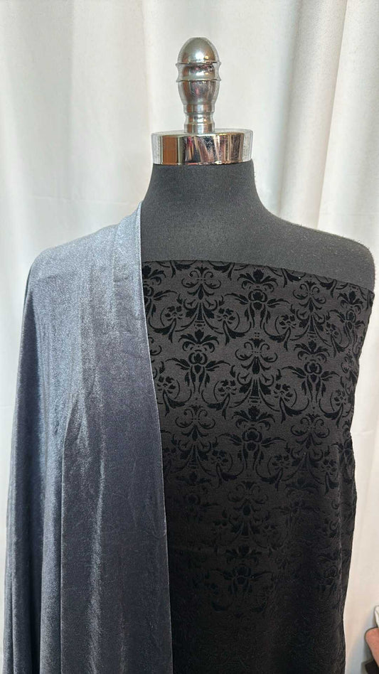 FLOCKED/VELVET BUNDLE : 2YD Black Flocked Ponte & 2YD Stretch Velvet : A28797