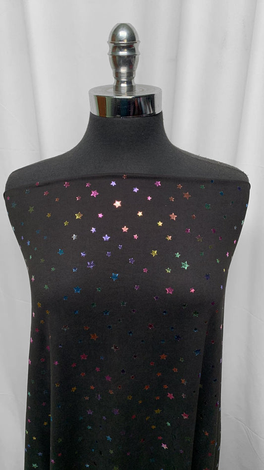 Black w/Pastel Foil Stars - Double Brushed Poly Spandex - 2 Yard Cut