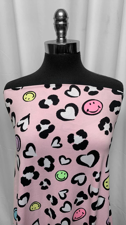 Pink Leopard Hearts/Smiles - Double Brushed Poly Spandex - 2 Yard Cut