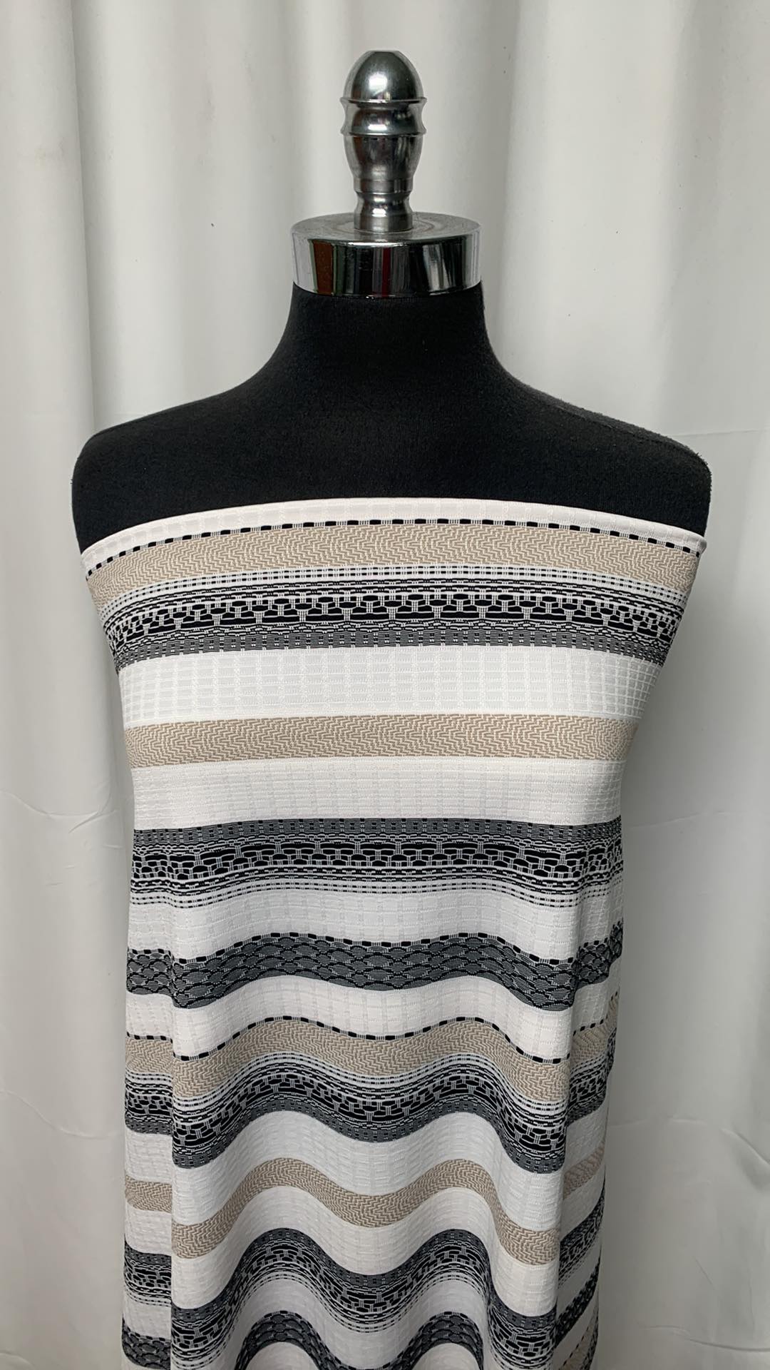 White/Black/Taupe Geo Stripe - 90/10 Nylon/Spandex Jacquard - 2 Yard Cut