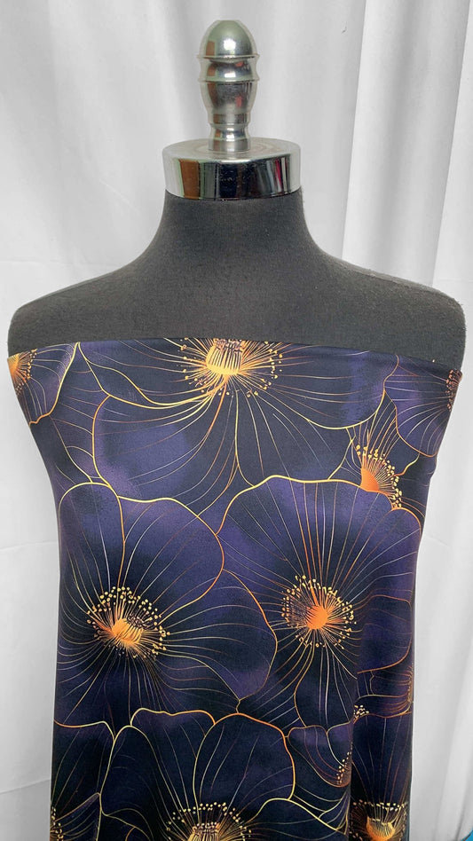 Navy/Gold Floral - Peached Performance - 4 Yard Cut