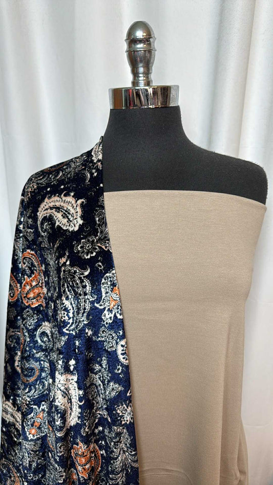 TAUPE/VELVET BUNDLE : 1YD Taupe Nylon Ponte & 2YD Paisley Stretch Velvet : A28798