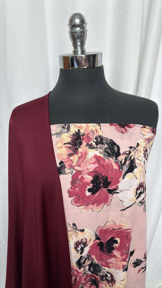 BURGUNDY/PINK FLORAL BUNDLE : 1YD Burgundy Yoga PF & 2YD Pink Floral Bubble Crepe : A27173