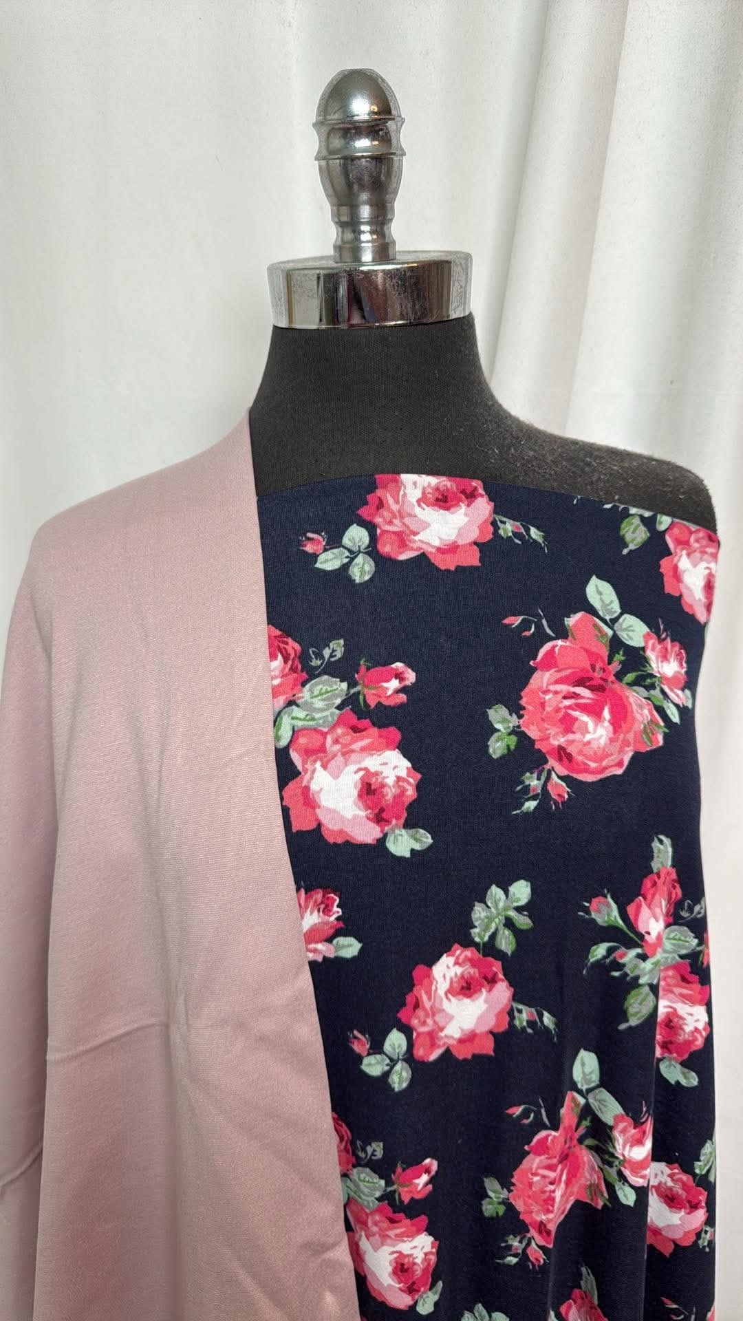 MAUVE/NAVY FLORAL BUNDLE :  2YD Navy Floral Spun Poly & 1YD Light Mauve Nylon Ponte : A30767