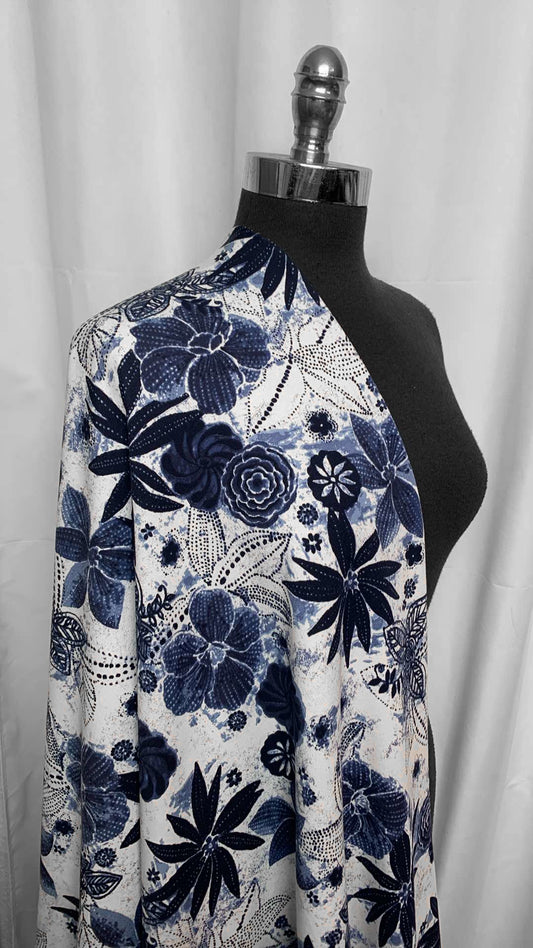 Blue/White Floral - Cotton/Spandex French Terry - 2 Yard Cut