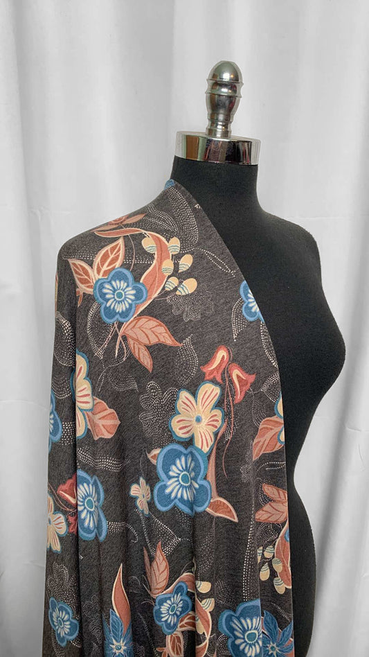 Blue/Cream/Charcoal Floral - Poly/Rayon/Spandex French Terry - 2 Yard Cut