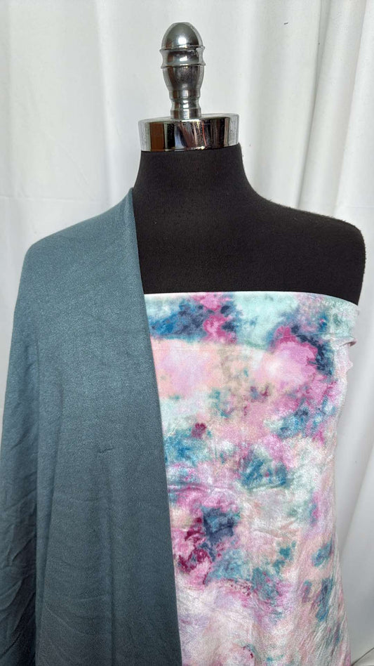 TEAL/TIE DYE VELVET BUNDLE : 2YD Teal Sherpa & 2+YD Tie Dye Stretch Velvet : A27175