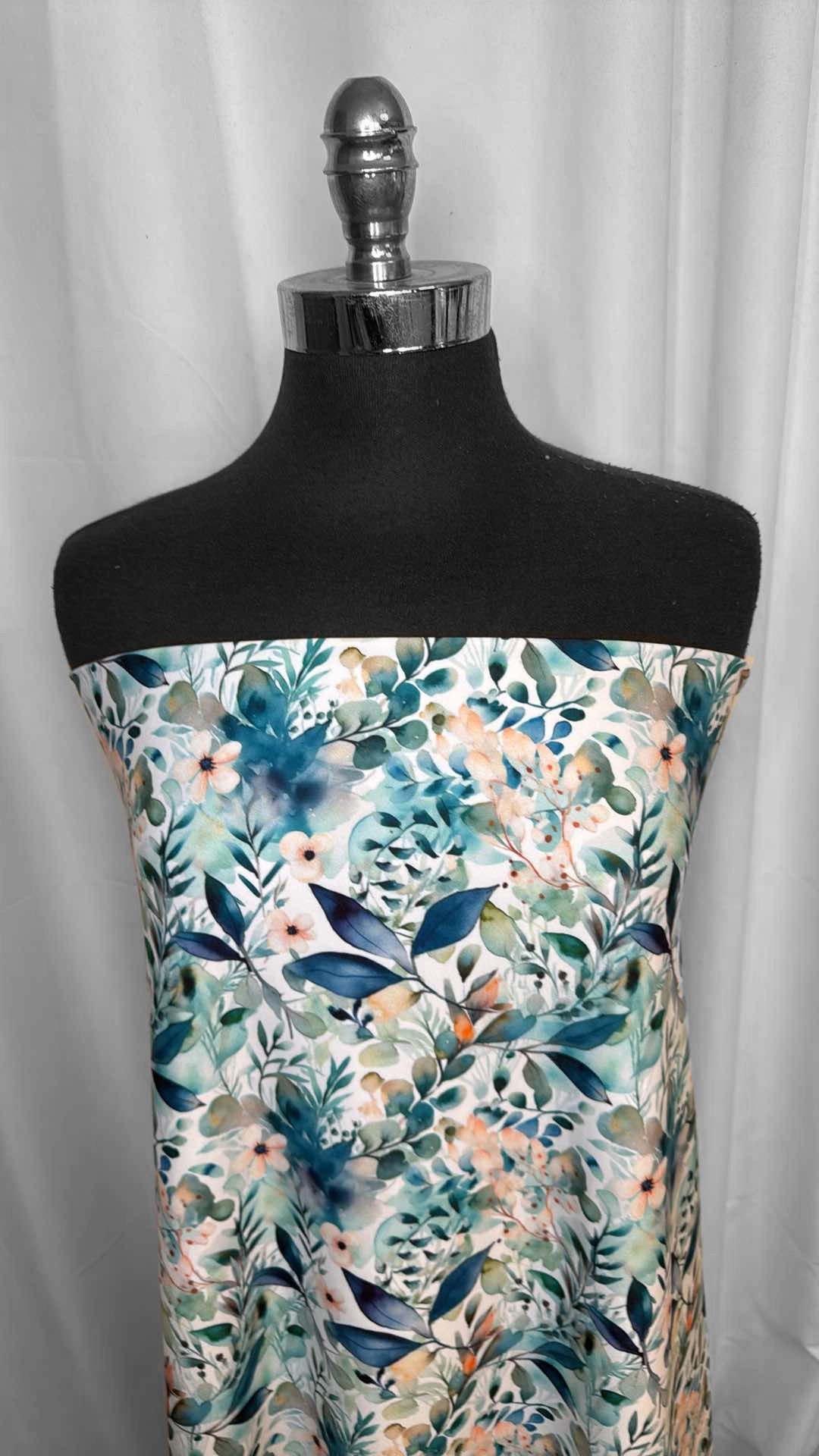 Blue/Green Floral - Poly/Spandex Single Brushed Performance - 2 Yard Cut
