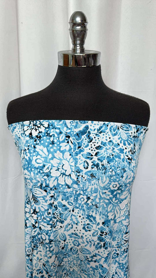 Blue/White Floral w/Puff Texture - ITY - 2 Yard Cut