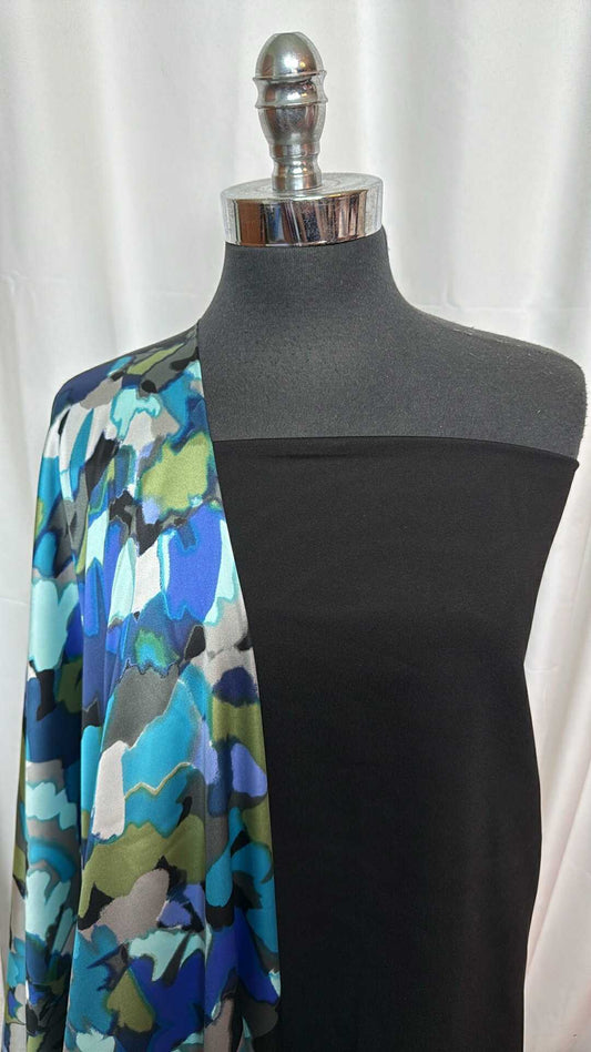 BLACK/ABSTRACT SATIN BUNDLE : 2YD Black Japanese Ponte & 3YD Abstract Poly Satin : A27793