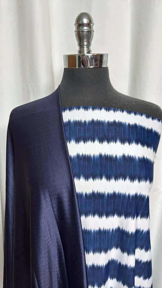 NAVY TIE DYE STRIPE BUNDLE : 2YD Navy Jacquard Top-Weight PF & 2YD Tie Dye Stripe N/S Swim : A29606