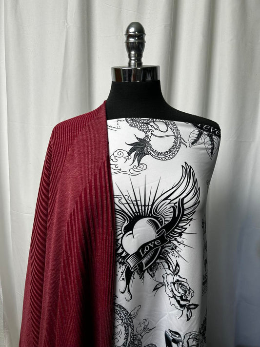 BURGUNDY TATTOO BUNDLE : 2YD Tattoo Yoga PF & 2YD Burgundy Variegated Rib Brushed Hacci SK : A1548