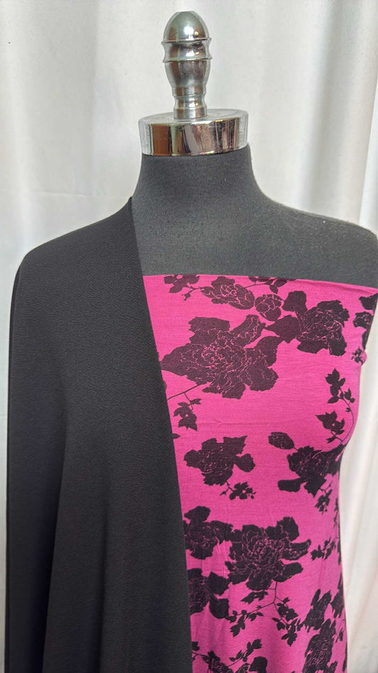 BLACK/PINK FLORAL BUNDLE : 2YD Pink Floral Bamboo & 2YD Black Liverpool : A27987