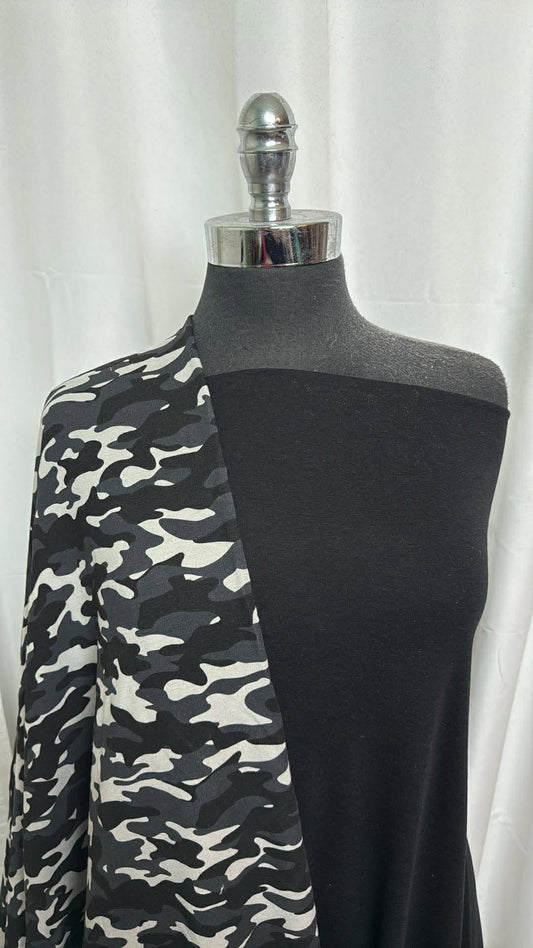 BLACK/IVORY CAMO BUNDLE : 2YD Black Pima Cotton Interlock (80" Wide) & 2YD Black/Ivory Camo C/S FT : A30360