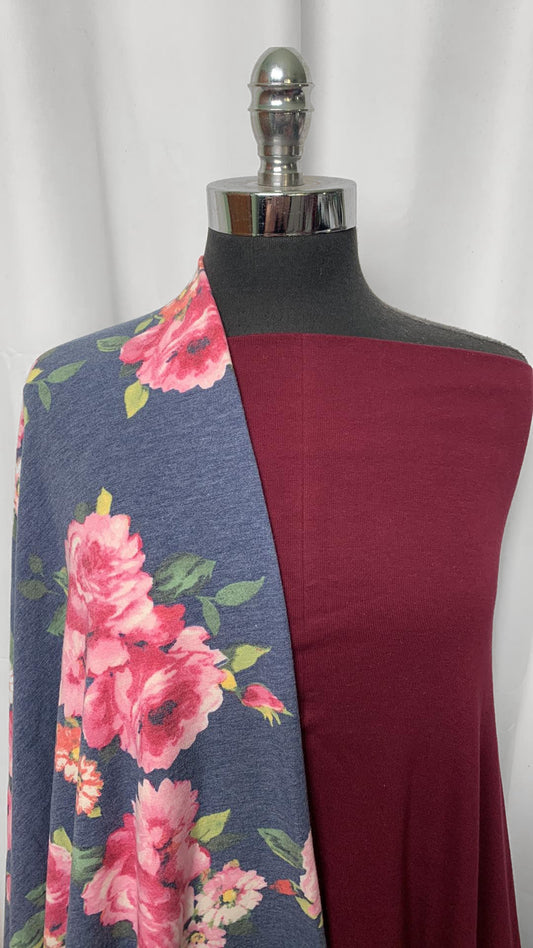 BURGUNDY/FLORAL BUNDLE : 1YD Floral PRS FT & 2YD Burgundy Combed Cotton 1x1 Rib : A2071