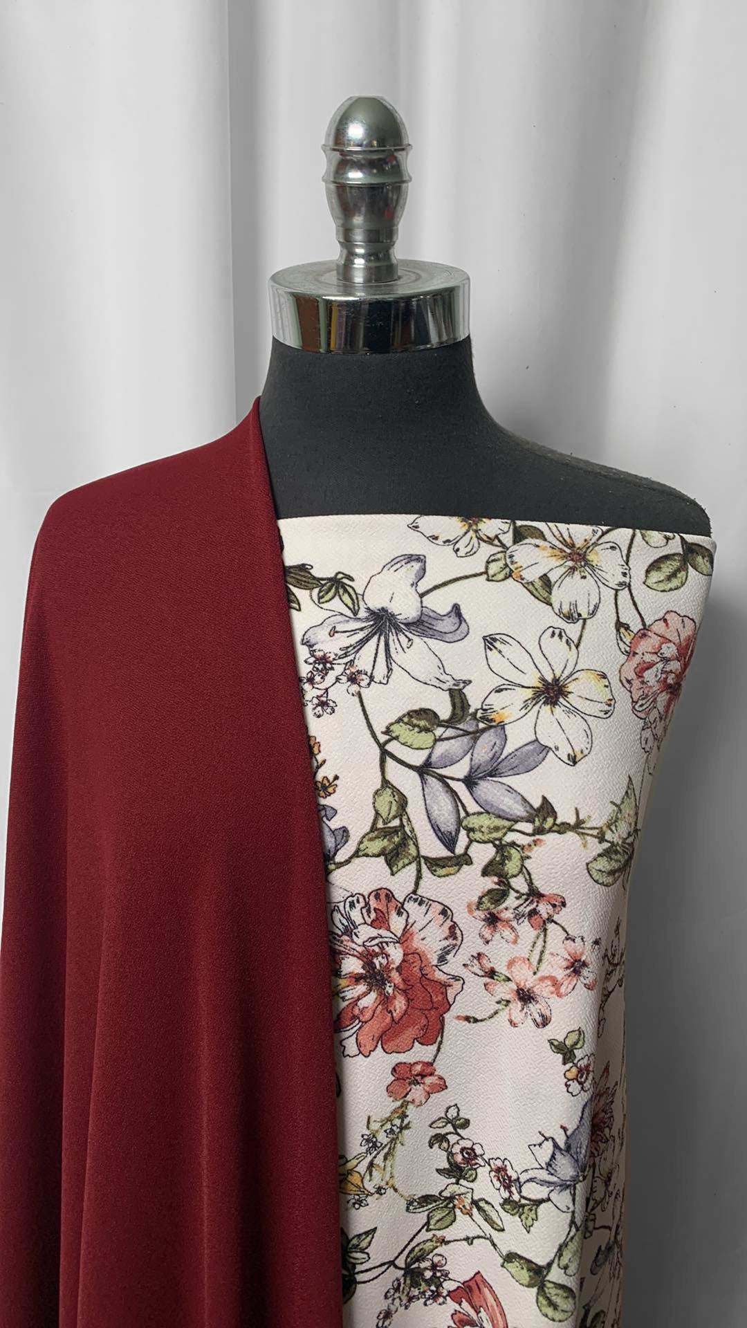 BURGUNDY/IVORY FLORAL BUNDLE : 2YD Burgundy Crepe Scuba & 2YD Ivory Floral Liverpool : A2340