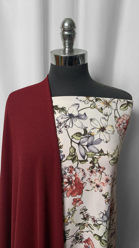 BURGUNDY/IVORY FLORAL BUNDLE : 2YD Burgundy Crepe Scuba & 2YD Ivory Floral Liverpool : A2340
