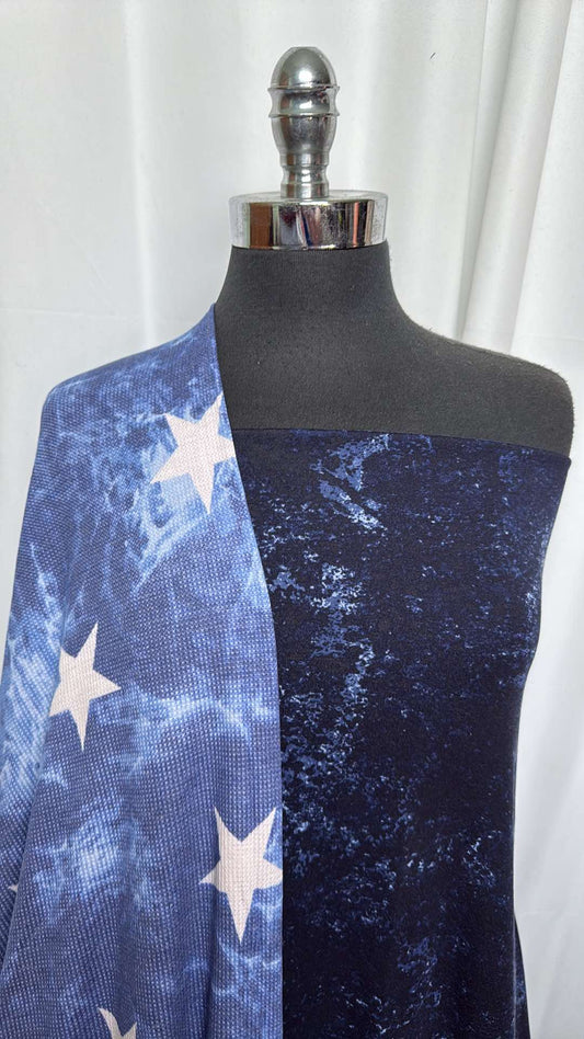TIE DYE/STAR BUNDLE : 2YD Navy Tie Dye Spun Poly & 2.5YD Blue Star PRS Thermal : A27253