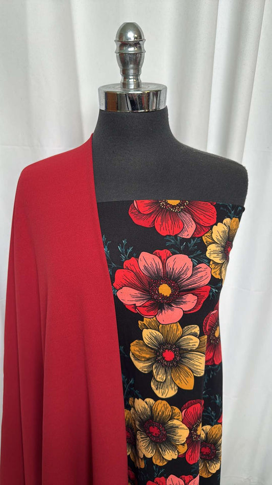 RED/BLACK FLORAL BUNDLE : 2YD Red Crepe Scuba & 2YD Red/Black Floral DBP : A26356