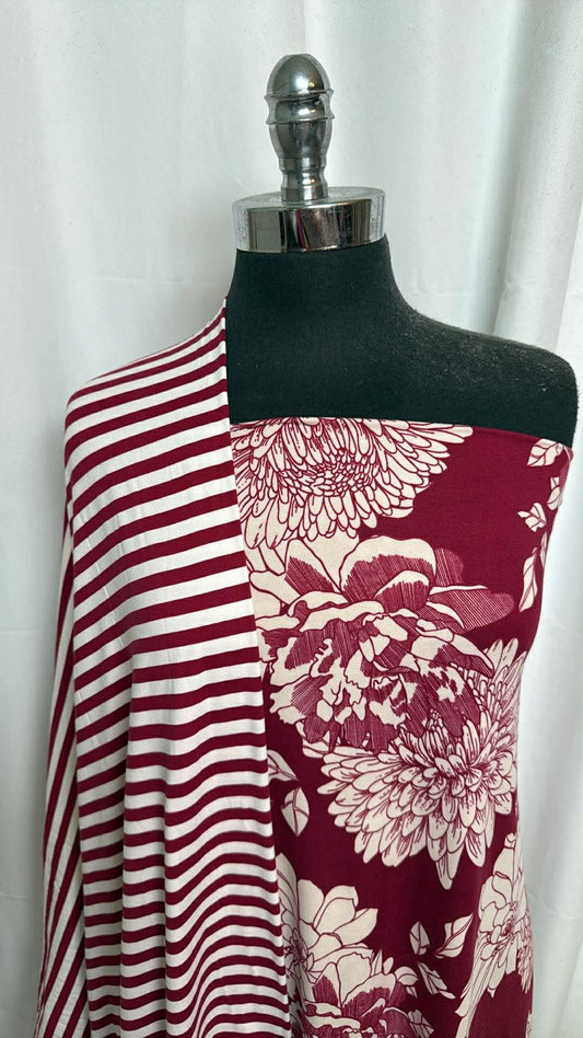 BURGUNDY FLORAL/STRIPE BUNDLE : 2YD Burgundy Floral DBP & 2YD Burgundy/Ivory Stripe DBP : A30474