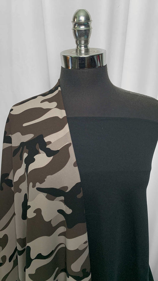 BLACK/CAMO BUNDLE : 2YD Camo Crepe Scuba & 1YD Black 2-Tone Peached PF : A25606