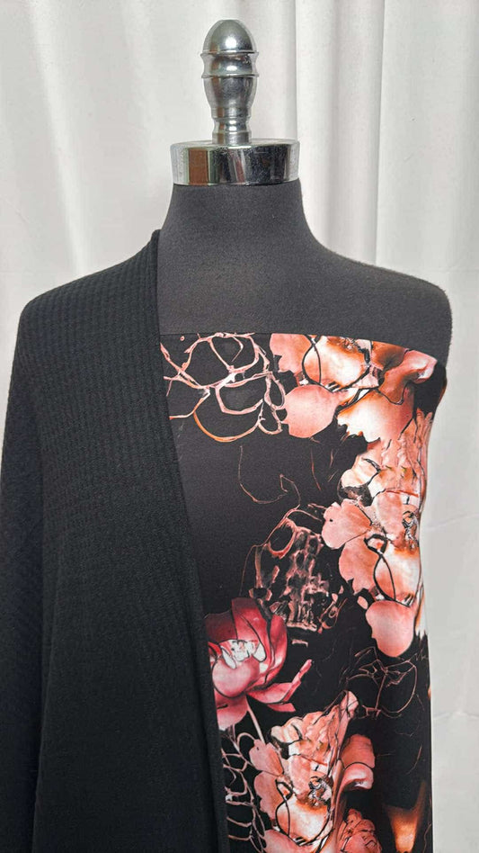 BLACK/ROSE GOLD FLORAL BUNDLE : 2YD Black/Rose Gold Floral Peached PF & 2YD Black Brushed Waffle : A26528