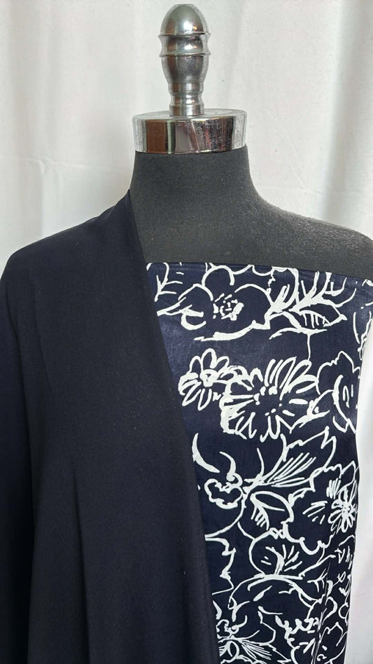 SATIN FLORAL/NAVY SUITING BUNDLE : 2YD Navy Suiting & 2YD Floral Poly/Rayon Satin : A29660