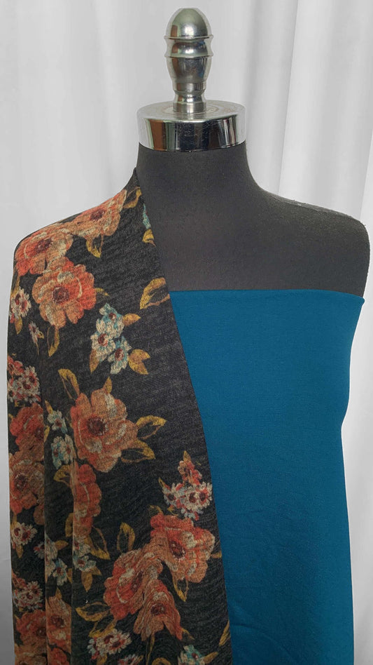 TEAL/DARK FLORAL BUNDLE : 1YD Teal Nylon Ponte & 2YD Dark Floral Brushed Hacci SK : A25601
