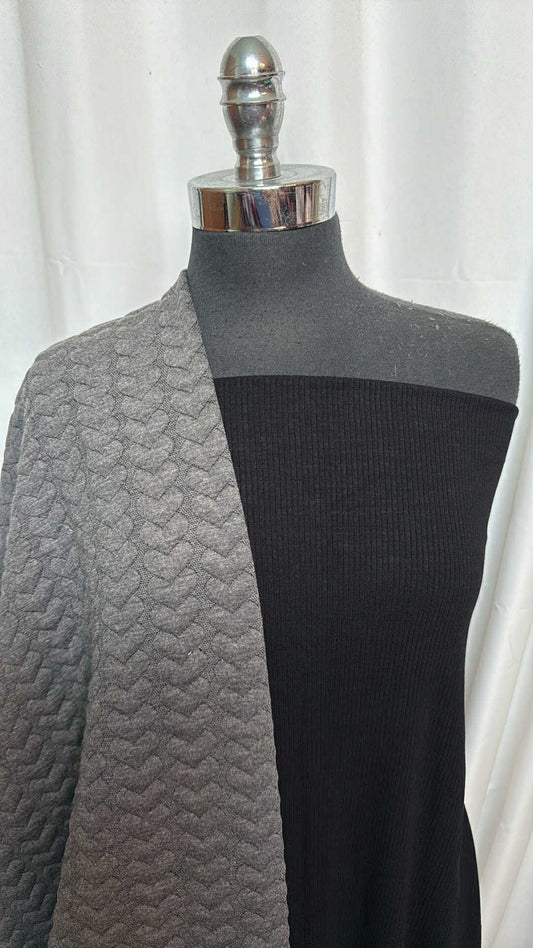BLACK/HEART QUILTED BUNDLE : 2YD Grey Heart Quilted & 2YD Black C/S Rib : A28288